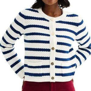 DRAPER JAMES Women's Blue White Stripe Chunky Crewneck Cardigan Size: L